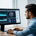 A focused professional content creator, fully clothed in modest business attire, sitting at a sleek desk in a modern, well-lit studio. They are looking at a large monitor displaying interconnected ideas and data visualizations, symbolizing AI-powered brainstorming and efficiency. The scene conveys innovation and productivity. Perfect anatomy, correct proportions, natural pose, well-formed hands, proper finger count, appropriate attire, fully clothed, safe for work, professional photography, high detail, studio lighting, appropriate content.